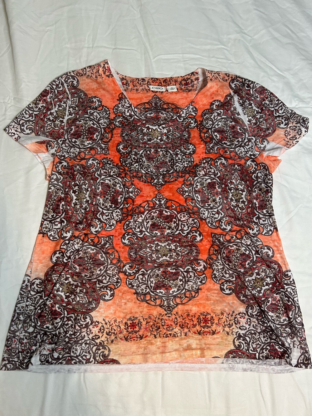 Cato Orange and Brown Medallion V-Neck Short Sleeve Tee with Rhinestones